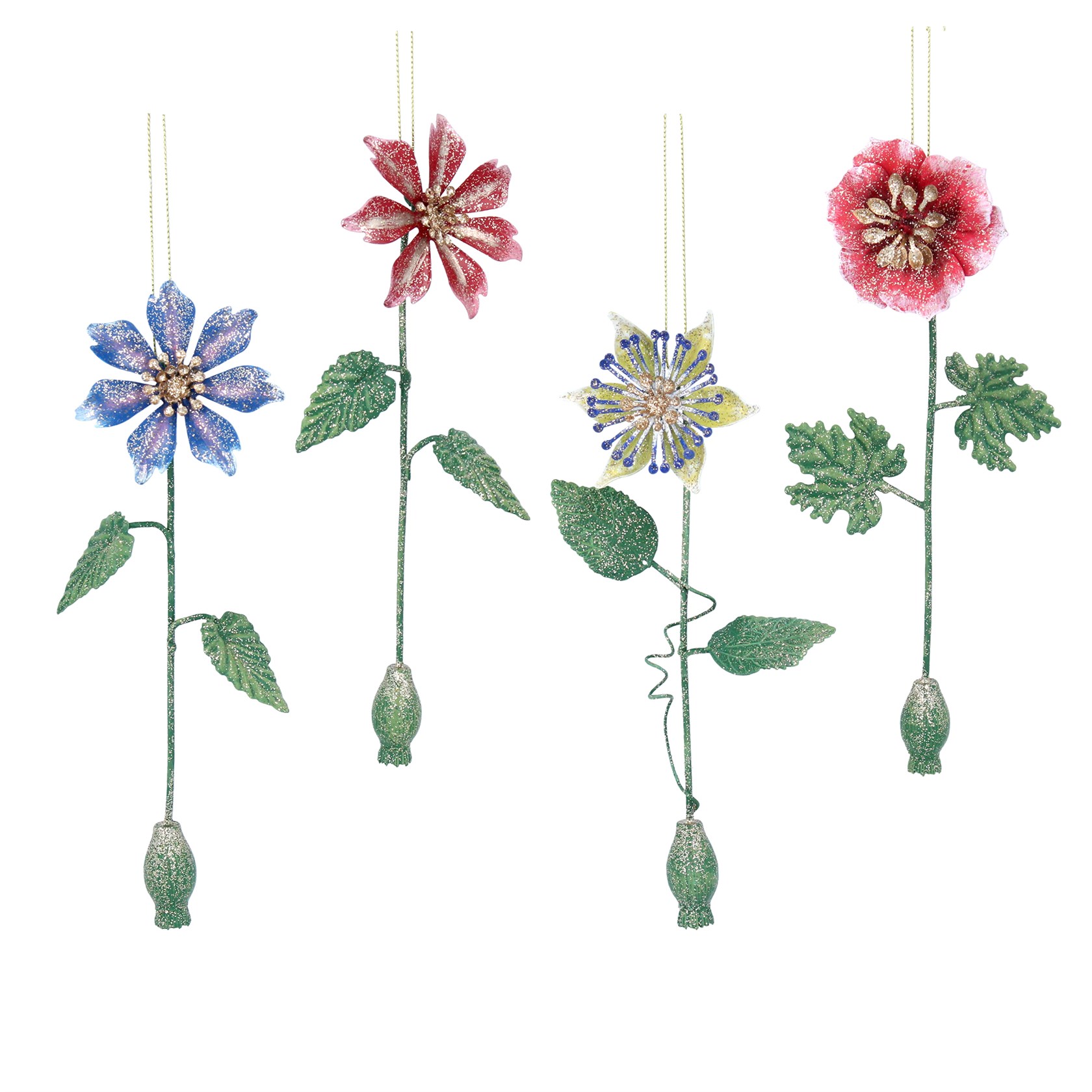 Set of 4 Coloured metal flower hanging decorations. By Gisela Graham.